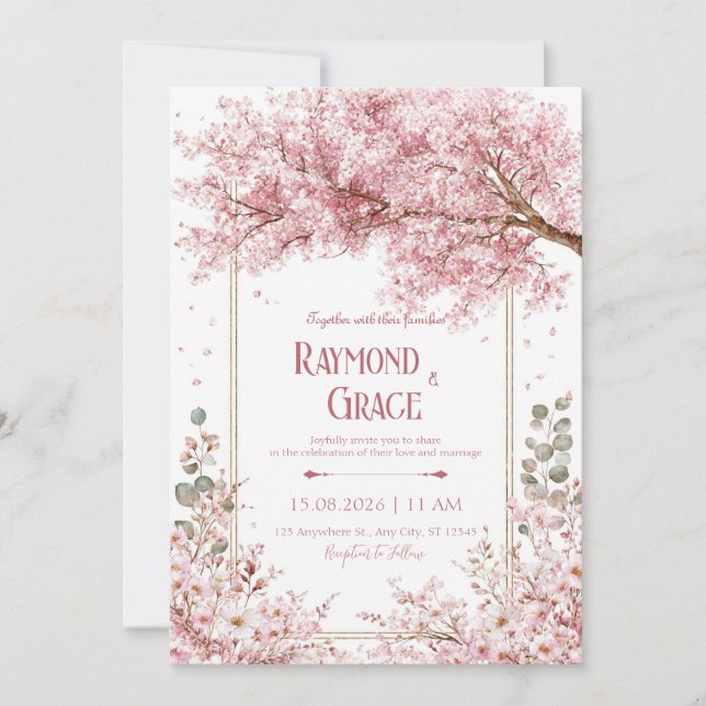 Invitation Cadre doré avec élégante floraison de cerisier ros (Devant)