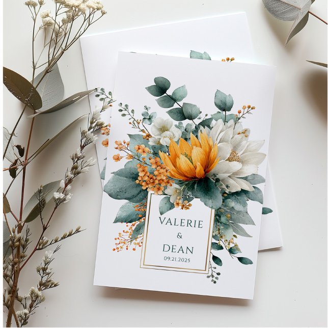 Invitation Cadre doré avec fleurs blanches orange et eucalypt (Créateur téléchargé)