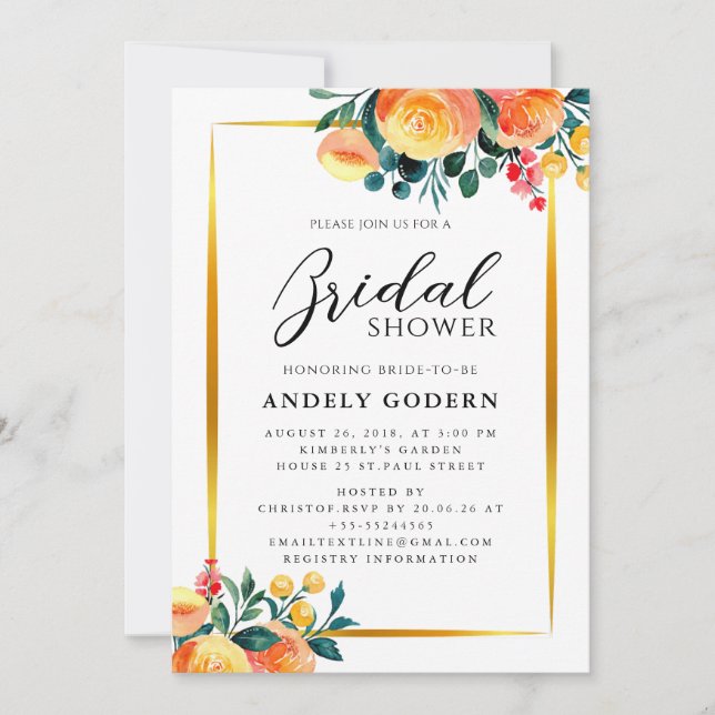 Invitation Cadre doré avec fleurs orange moderne pour la douc (Devant)
