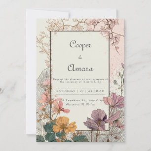 Invitation Cadre doré avec fleurs pressées bohèmes pour maria
