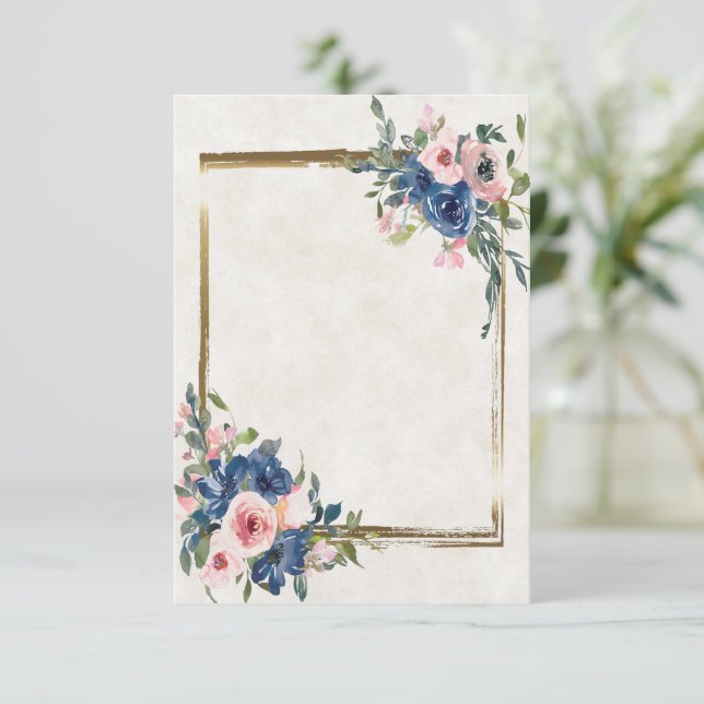 Invitation Cadre doré avec fleurs roses et bleues vierge (Debout devant)