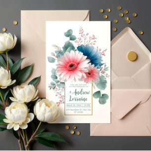 Invitation Cadre doré avec gerbera dusty blue rose élégant