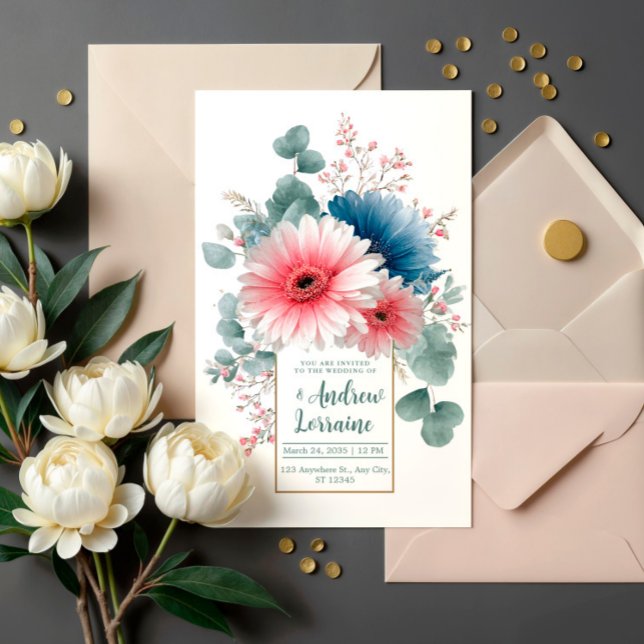 Invitation Cadre doré avec gerbera dusty blue rose élégant (Créateur téléchargé)