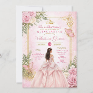 Invitation Cadre doré avec nœud floral rose et papillon de Qu