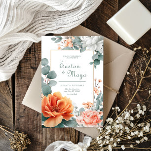 Invitation Cadre doré avec Pêche Orange Pivoine Eucalyptus