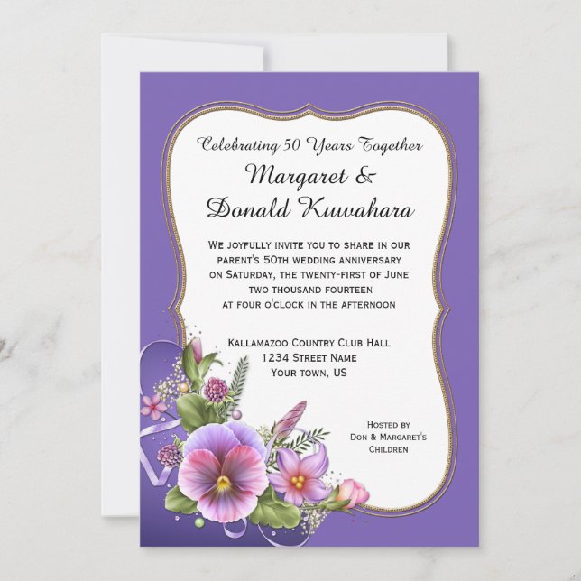 Invitation Cadre doré avec pensées rose violet pour 50e anniv (Devant)