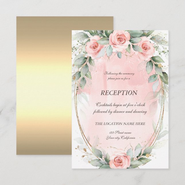 Invitation Cadre doré avec roses roses chic pour réception (Devant / Derrière)