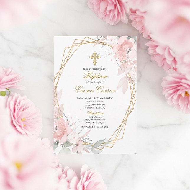 Invitation Cadre doré baptême floral rose tendre (Créateur téléchargé)