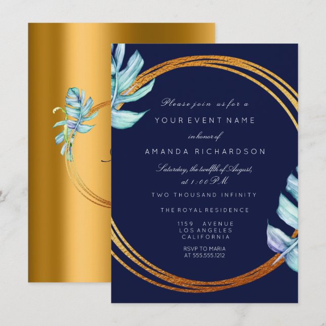 Invitation Cadre doré Bleu Nuit Monogramme Tropical Mariage (Devant / Derrière)