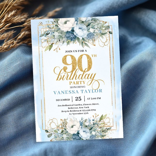 Invitation Cadre doré bleu pastel époustouflant 90e anniversa (Stunning pastel blue gold frame 90th birthday invite)