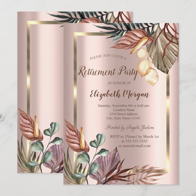Invitation Cadre doré Boho Flowers, Retraite Rose Gold (Devant / Derrière)