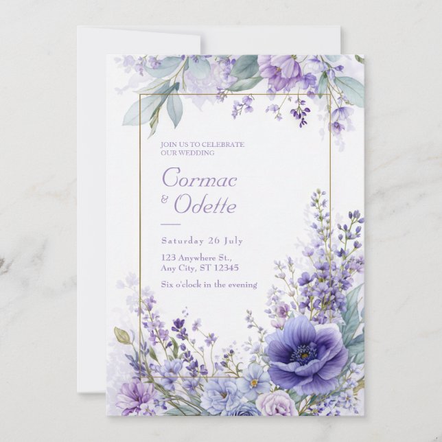 Invitation Cadre doré botanique d'anémone violette vibrante (Devant)