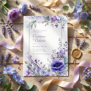 Invitation Cadre doré botanique d'anémone violette vibrante