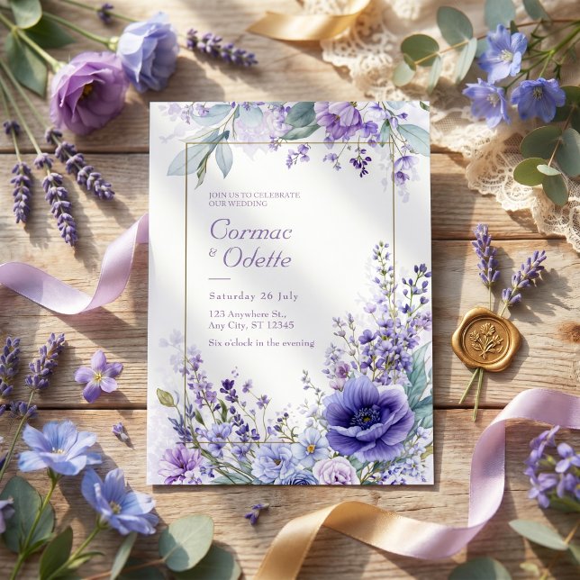 Invitation Cadre doré botanique d'anémone violette vibrante (Créateur téléchargé)