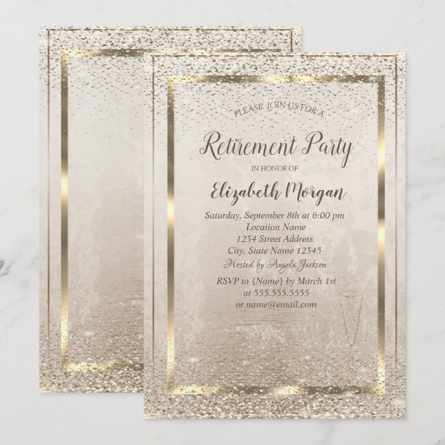 Invitation Cadre doré chic, retraite confetti en verre  (Devant / Derrière)