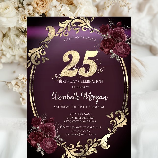 Invitation Cadre doré chic Roses bordeaux 25e anniversaire (Créateur téléchargé)