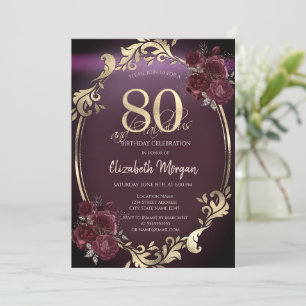 Invitation Cadre doré chic Roses bordeaux 80 ans