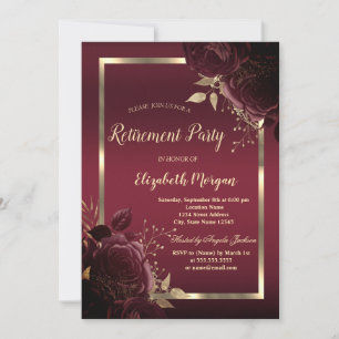 Invitation Cadre doré chic roses rouge foncé pour retraite