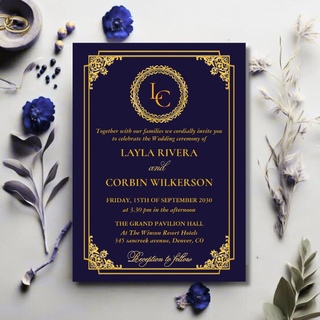 Invitation Cadre Doré Classique Monogramme Royal Mariage (Créateur téléchargé)