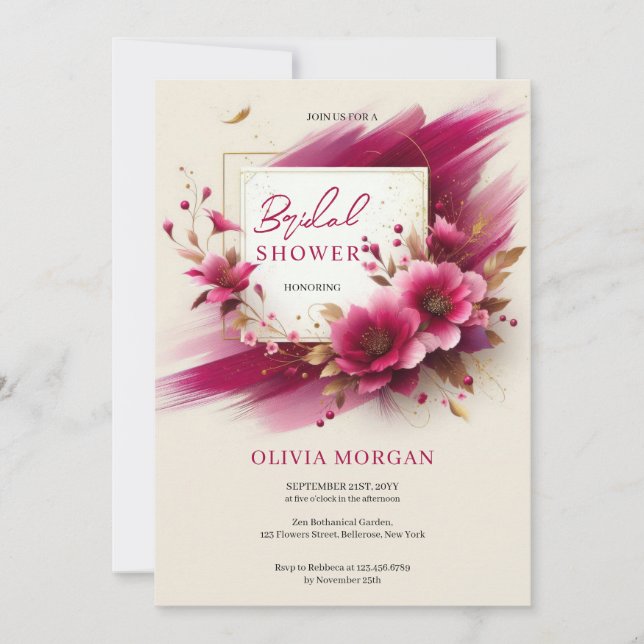Invitation Cadre doré de fleurs magenta moderne Bride (Devant)