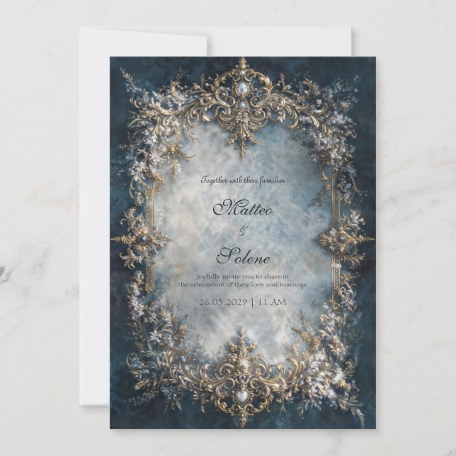 Invitation Cadre doré de luxe Fleurs baroques sarcelle foncé  (Devant)
