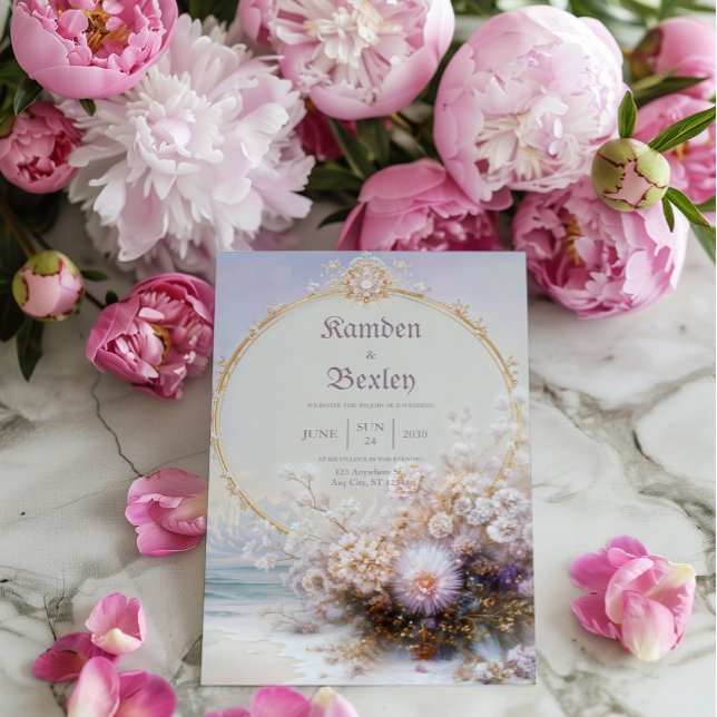Invitation Cadre doré de luxe Fleurs de plage pastel Soleil M (Créateur téléchargé)