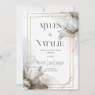 Invitation Cadre doré de luxe Fleurs grises Mariage éthéré