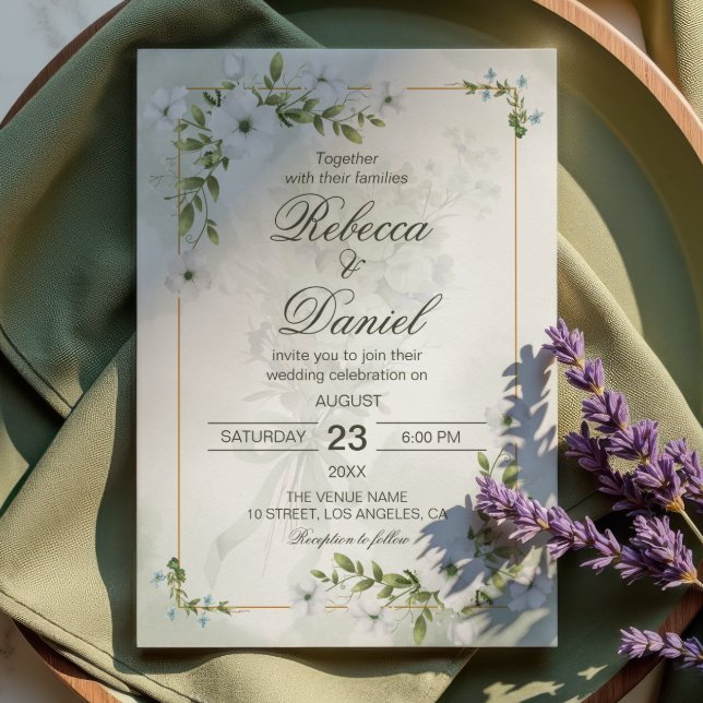 Invitation Cadre doré de verdure florale blanche élégante pou (Créateur téléchargé)