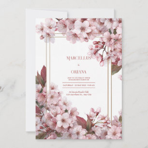 Invitation Cadre doré élégant à fleurs de cerisier roses