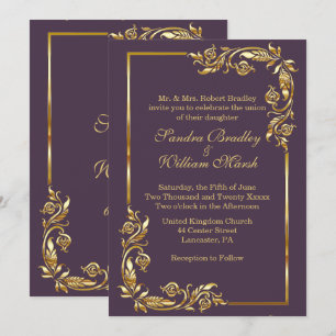 Invitation Cadre Doré Élégant Aubergine avec Impression Dorée
