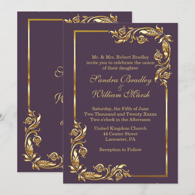 Invitation Cadre Doré Élégant Aubergine avec Impression Dorée (Devant / Derrière)