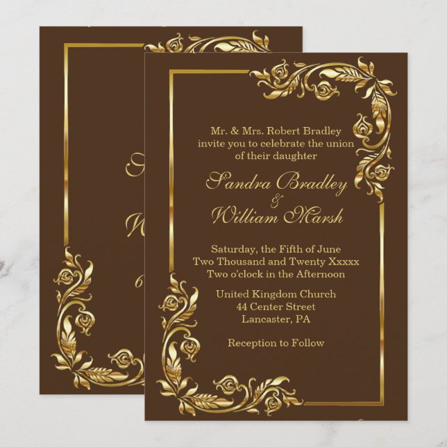 Invitation Cadre doré Elegant Chocolat Brown avec impression  (Devant / Derrière)
