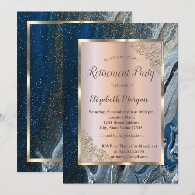Invitation Cadre doré élégant, Marbre bleu de retraite (Devant / Derrière)