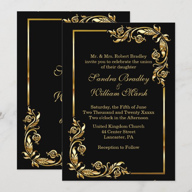 Invitation Cadre doré élégant noir avec impression or (Devant / Derrière)
