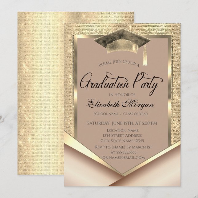 Invitation Cadre Doré Élégant Paillettes Diplômé (Devant / Derrière)