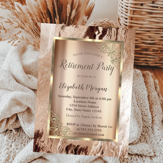Invitation Cadre doré élégant, retraite en marbre marron (Créateur téléchargé)