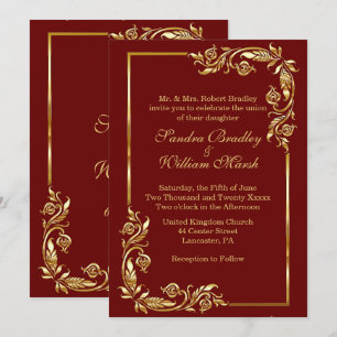 Invitation Cadre doré élégant rouge foncé avec impression dor