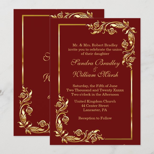 Invitation Cadre doré élégant rouge foncé avec impression dor (Devant / Derrière)