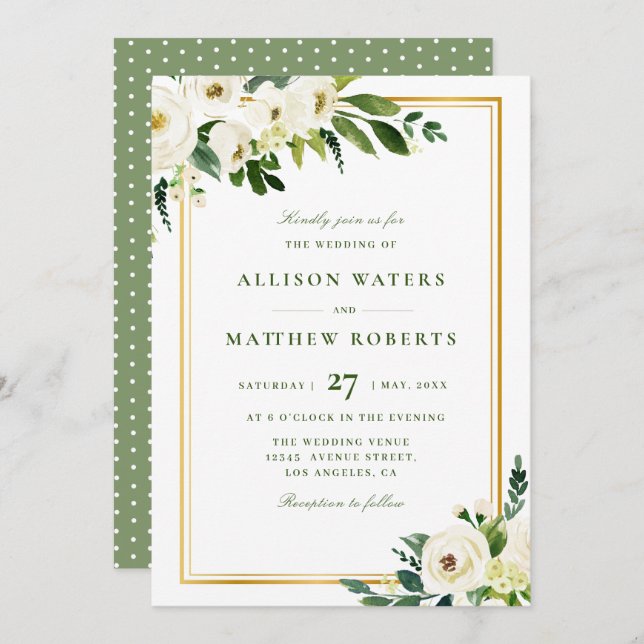 Invitation cadre doré et fleurs de jardin blanc mariage (Devant / Derrière)