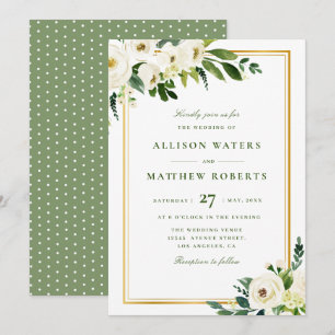 Invitation cadre doré et fleurs de jardin blanc mariage