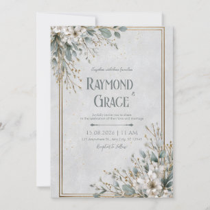 Invitation Cadre doré Eucalyptus Fleurs blanches de mariage