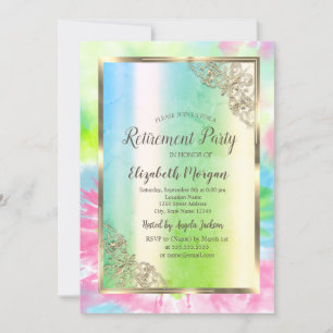 Invitation Cadre doré festif,Vert,Retraite Tie Dye
