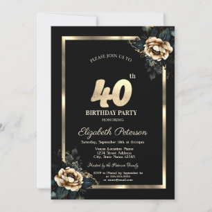 Invitation Cadre doré Fleur Élégante Anniversaire 40 ans Noir