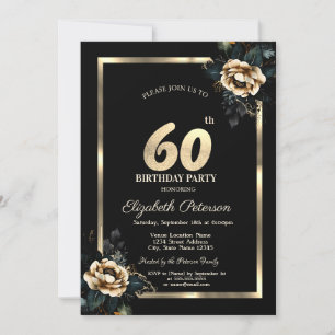 Invitation Cadre doré Fleur Élégante Anniversaire 60 ans Noir