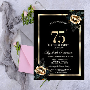 Invitation Cadre doré Fleur Élégante Anniversaire 75 ans Noir