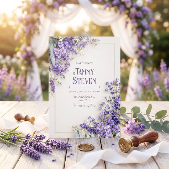 Invitation Cadre doré Fleur sauvage violette Eucalyptus (Créateur téléchargé)