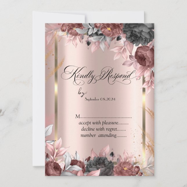 Invitation Cadre doré, Fleurs chic en or rose RSVP  (Devant)