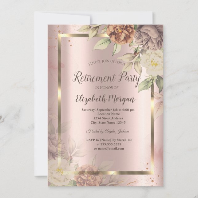 Invitation Cadre doré, fleurs rose gold blush pour retraite (Devant)