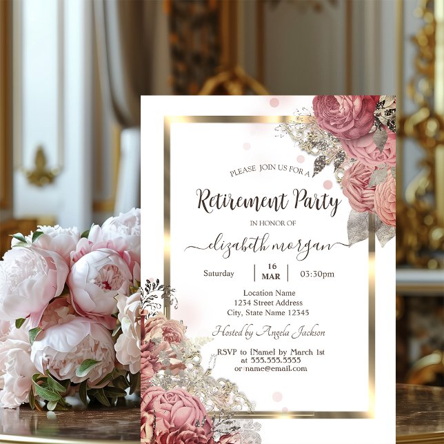 Invitation Cadre doré Fleurs Roses Retraite (Créateur téléchargé)
