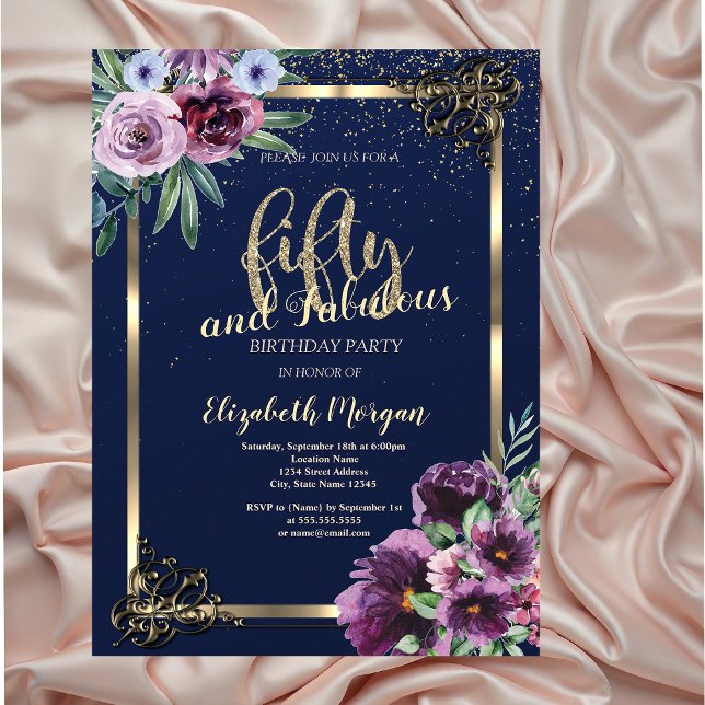 Invitation Cadre doré Fleurs violettes Bleu 50e Anniversaire  (Créateur téléchargé)
